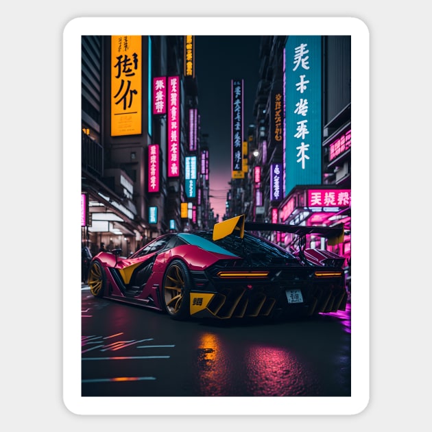 Dark Neon Sports Car in Japanese Neon City Sticker by star trek fanart and more